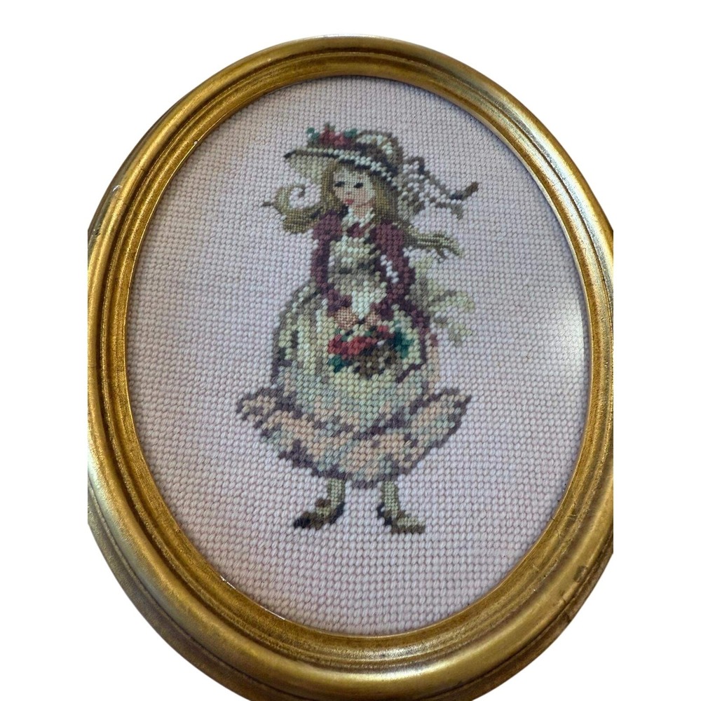 Vintage Oval Gold Framed Needlepoint Art Pair Victorian Girls Marjane Davant - Picture 2 of 7